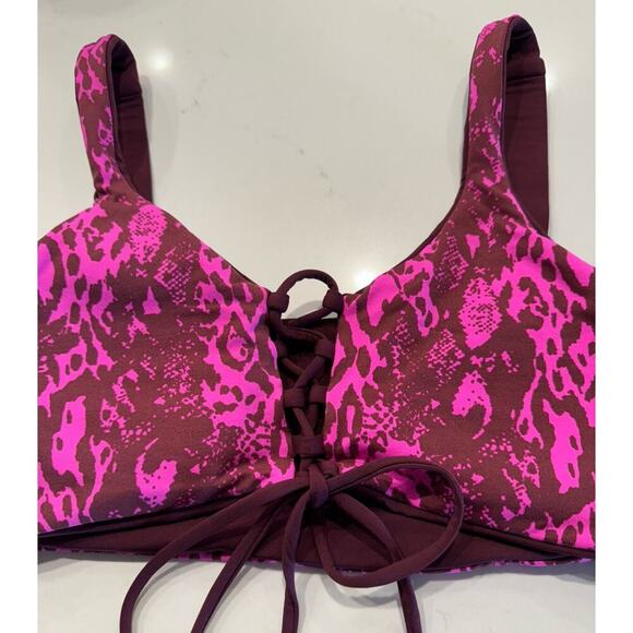 Maaji Size Medium Reversible Burgundy Animal Print Lace Up Swim Top - Picture 2 of 11